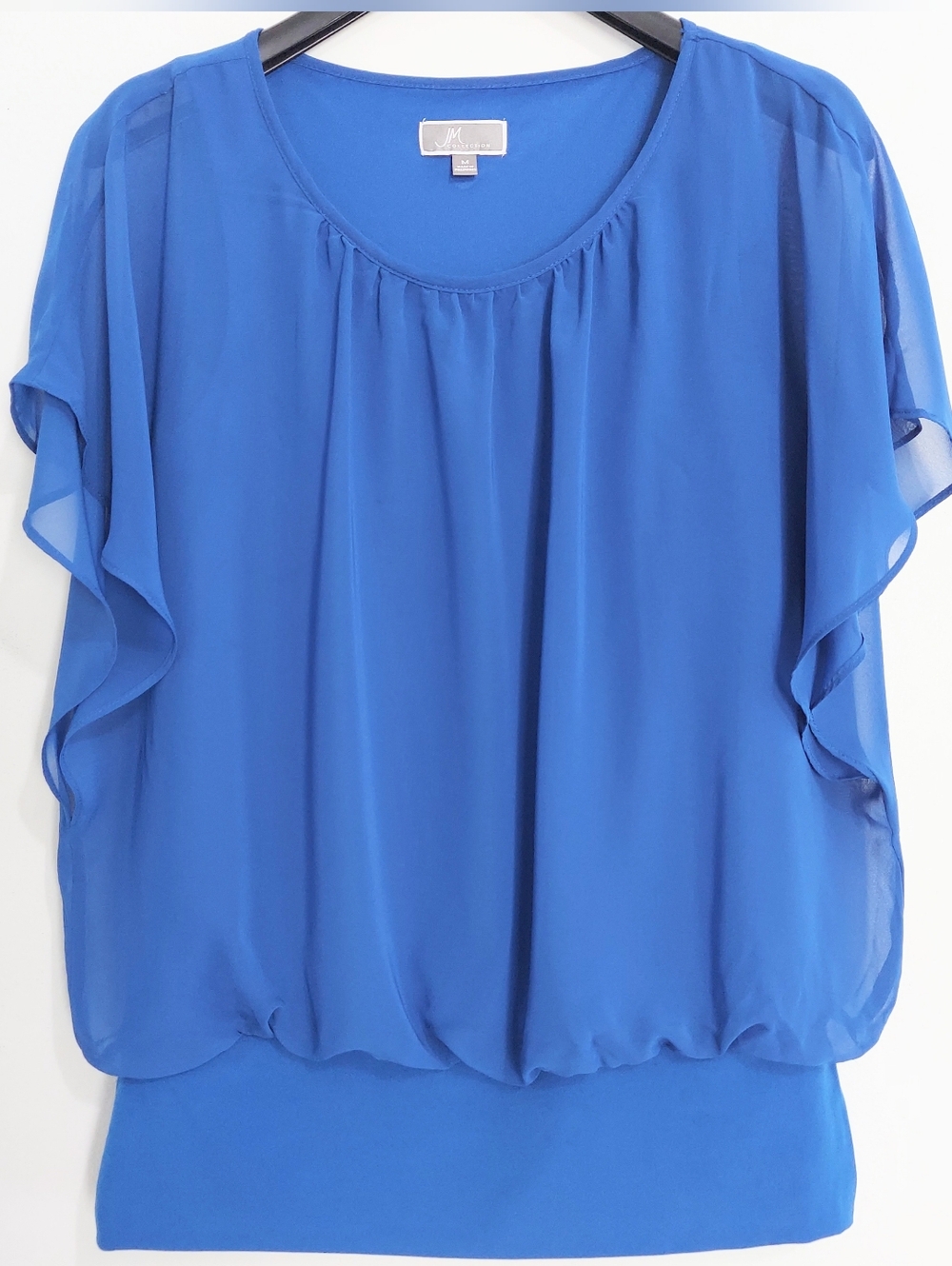 JM Collection Women's Blue Flutter Sleeve Blouse Medium Layered Bubble Hem Top M